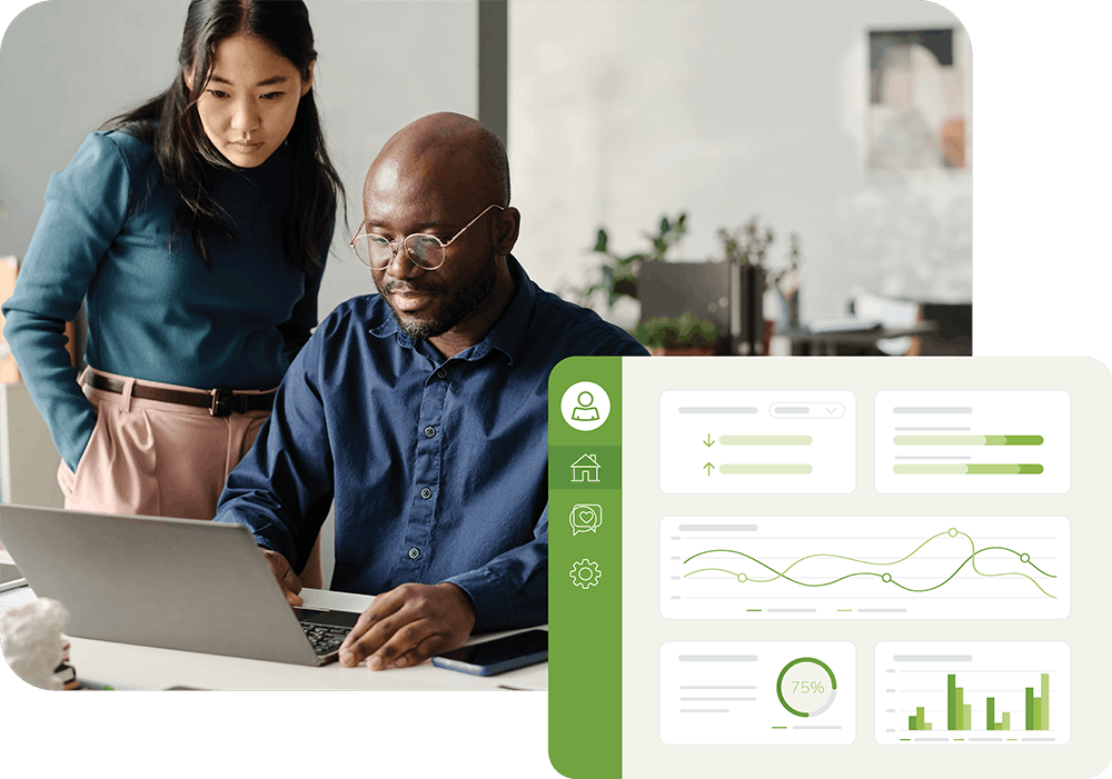 Two people on laptop with graphic overlaid