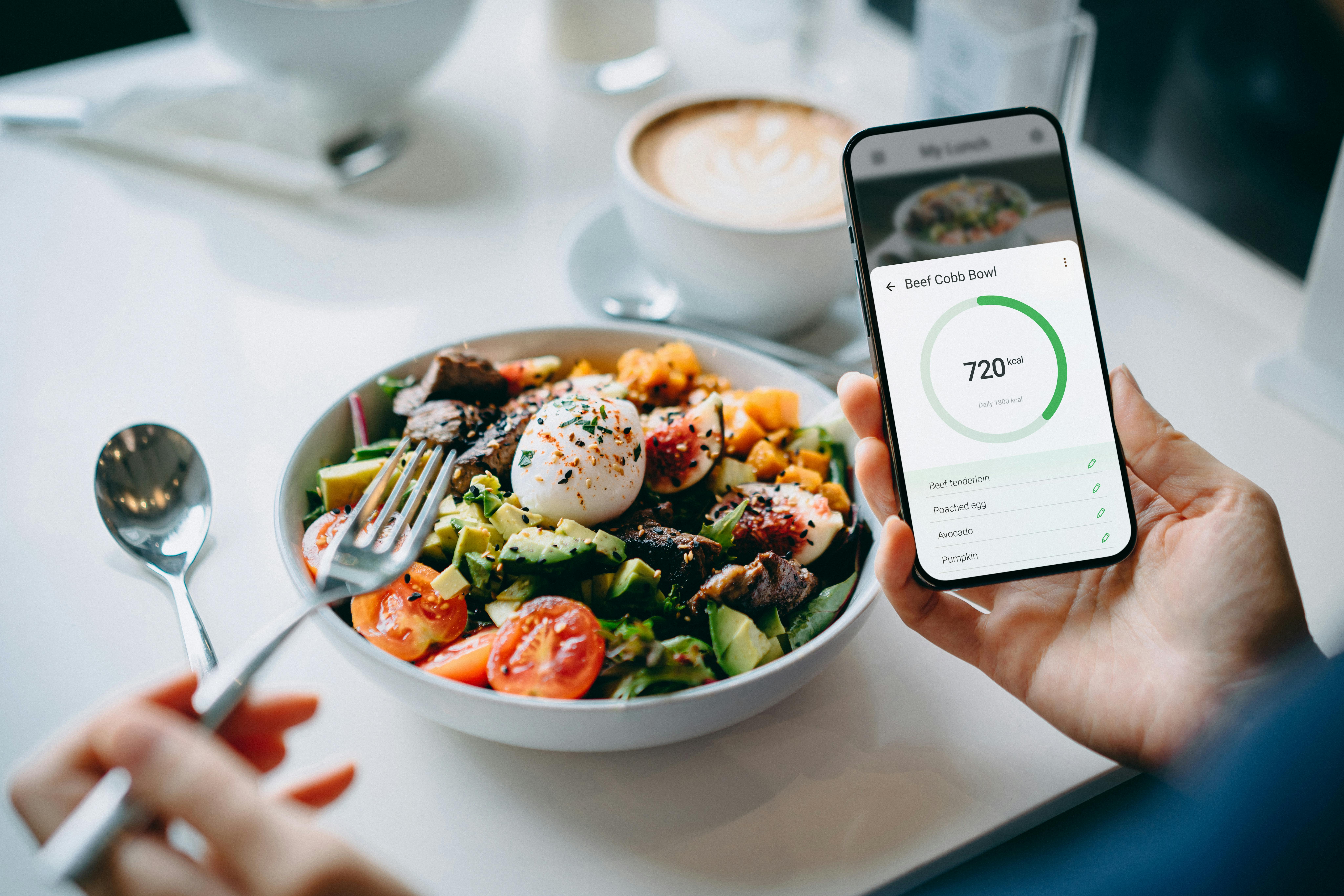 Person using health app on phone to enter meal information