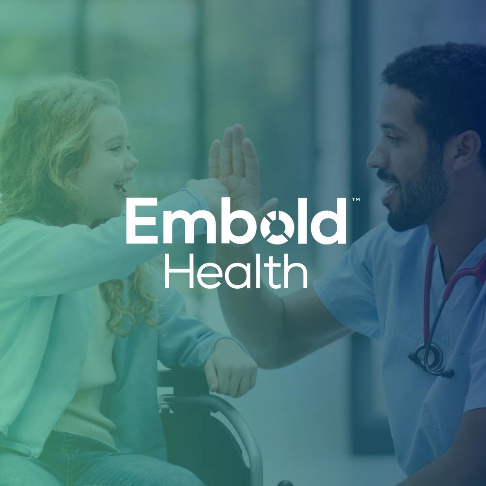 Embold Health logo overlaid on image of child and doctor high-fiving