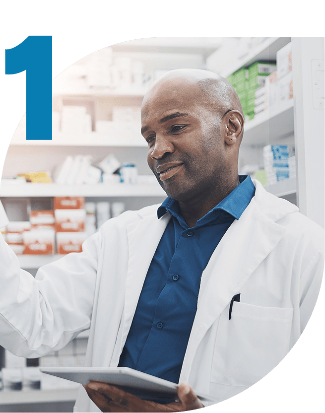 Pharmacist at work with a large number 1 over the image