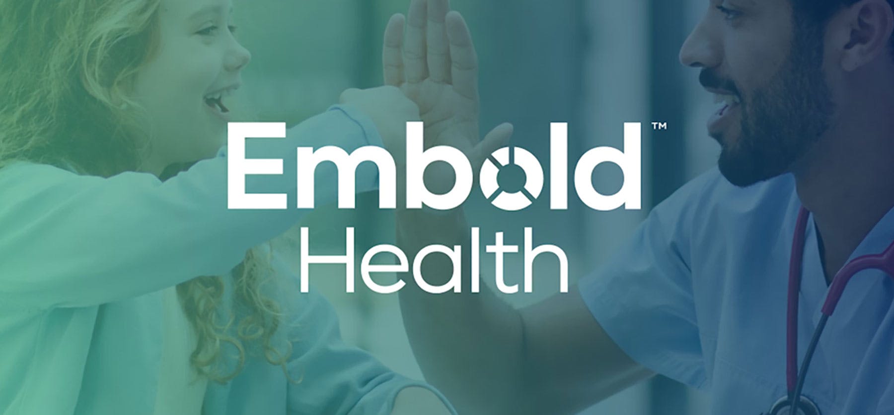 Embold Health logo overlaid on image of child and doctor high-fiving