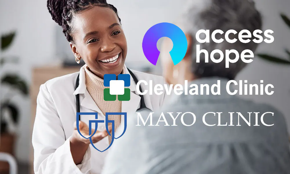 AccessHope, Cleveland Clinic, Mayo Clinic logo over lifestyle image