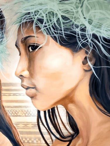 Mural painting of two Hawaiian girls in pele hair haku.