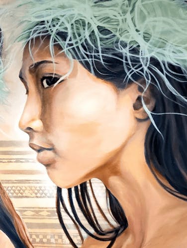 Mural painting of two Hawaiian girls in pele hair haku.