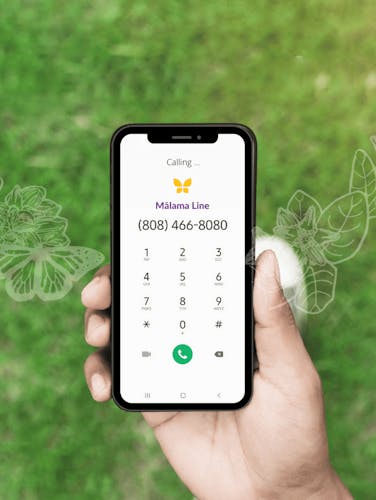 A phone screen showing Mālama Line phone number 808-466-8080. A phone screen showing Mālama Line phone number 808-466-8080.