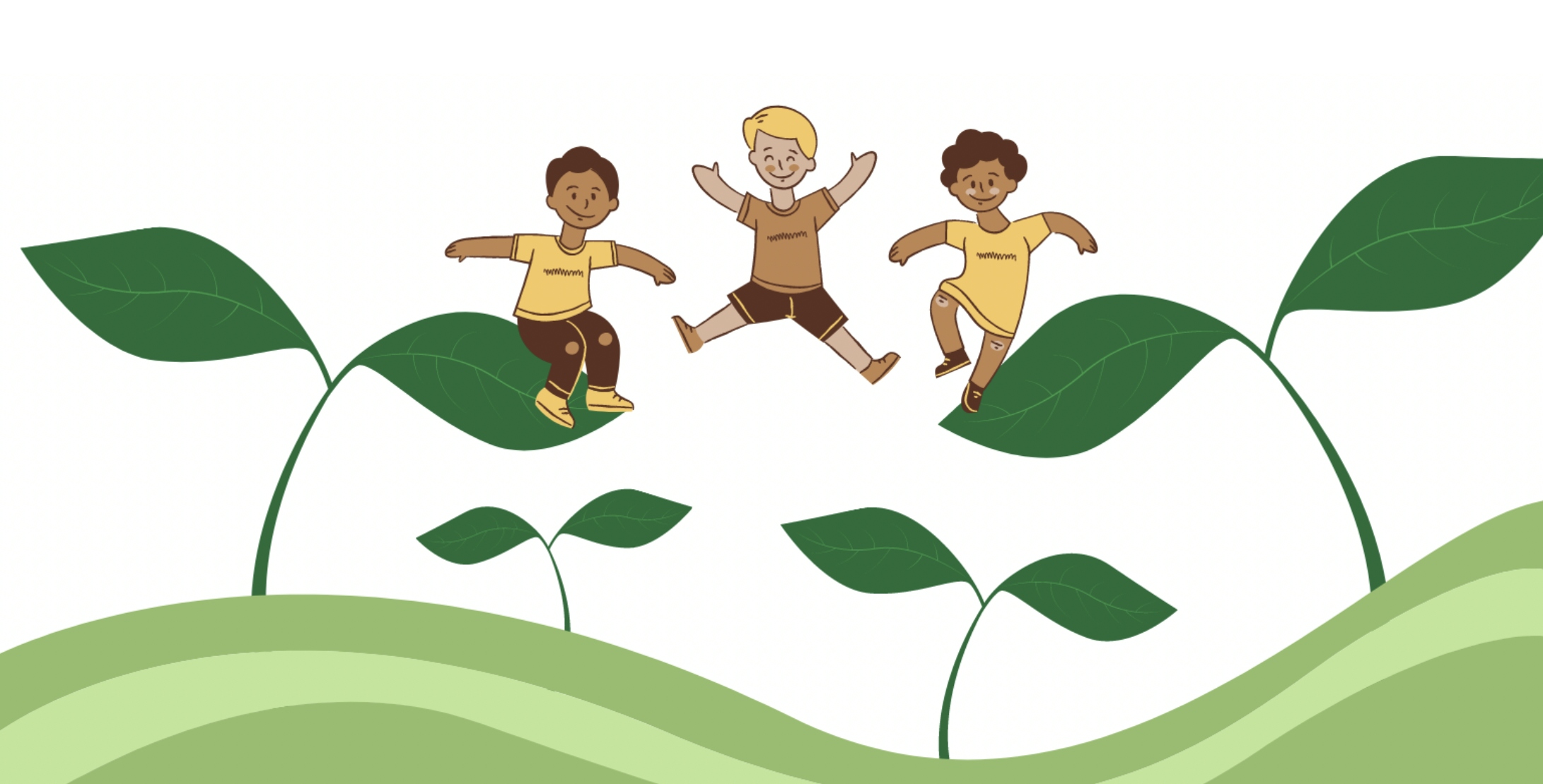 Drawing of three kids jumping on big leaves