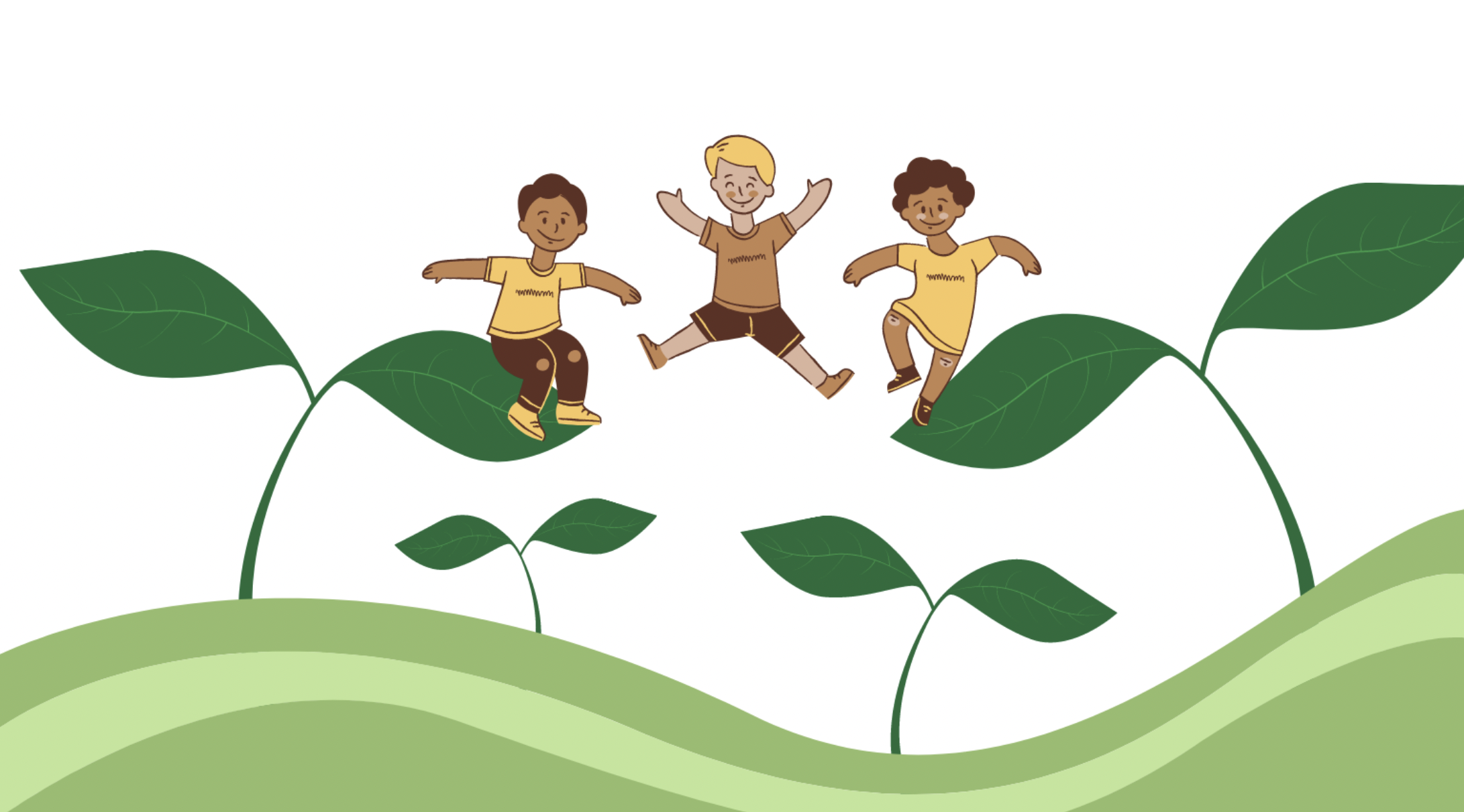 Drawing of three kids jumping on big leaves