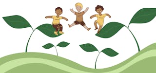 Drawing of three kids jumping on big leaves