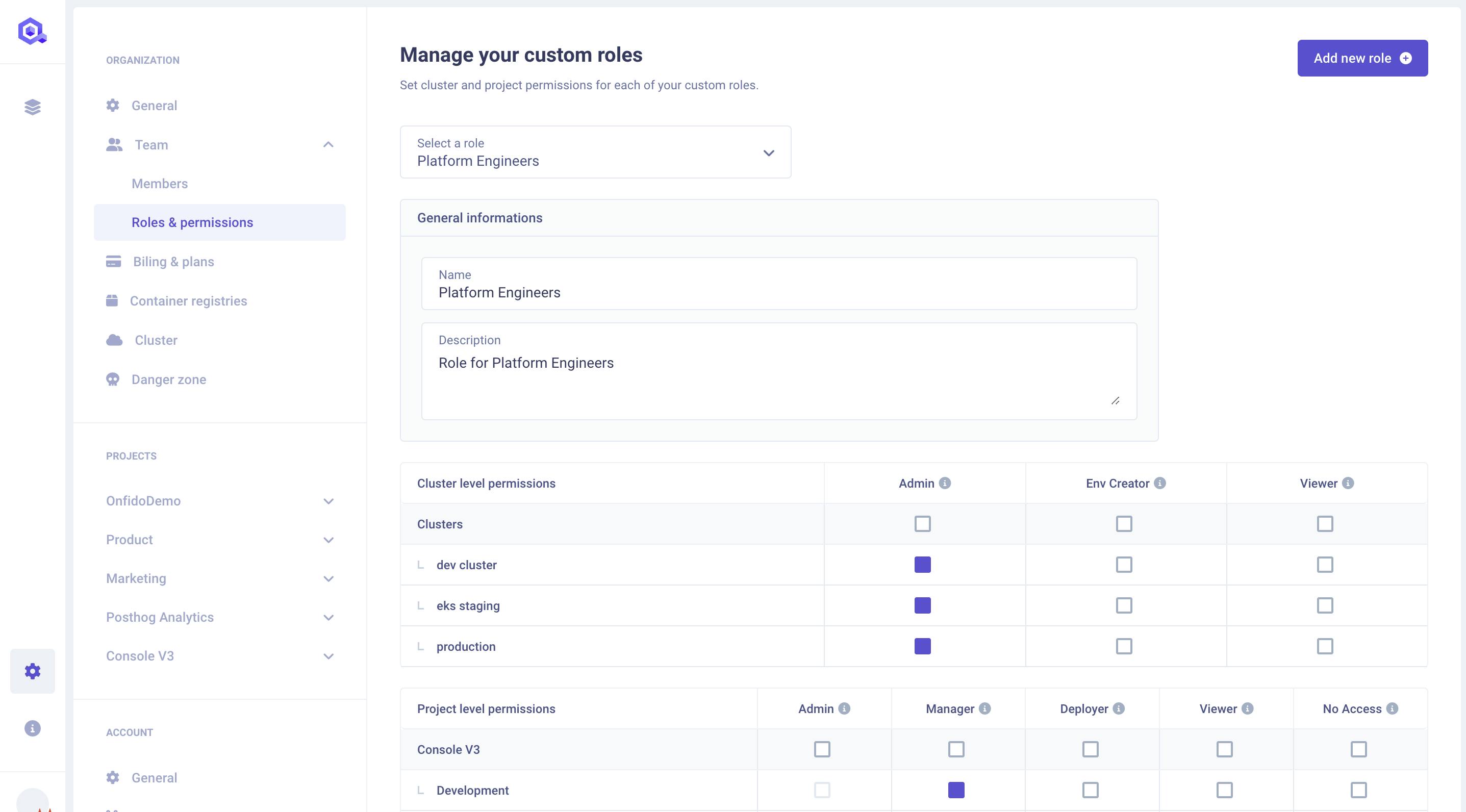 Permission and Roles Management Panel in the V3
