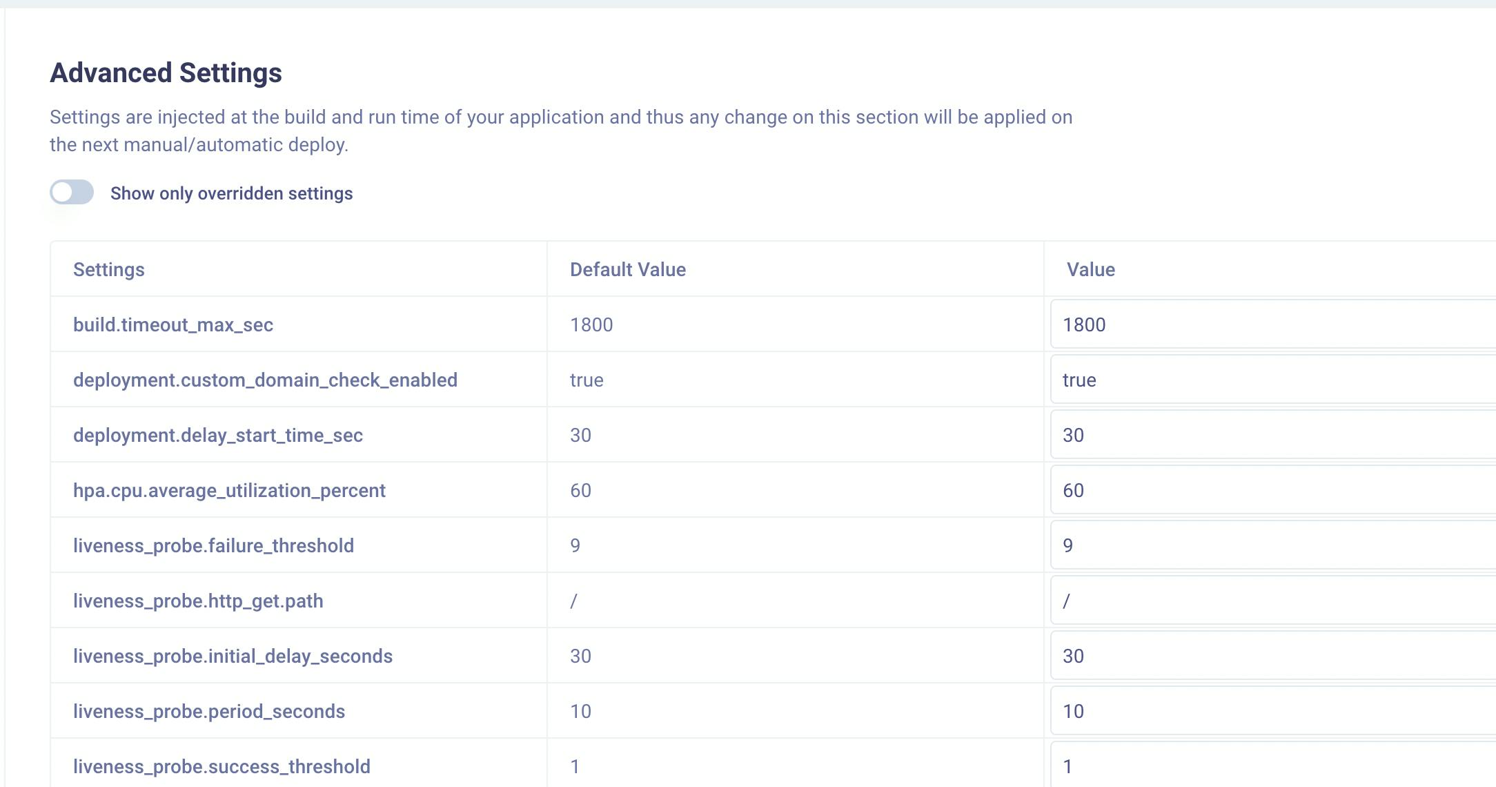 A Part of the Advanced Settings Panel 