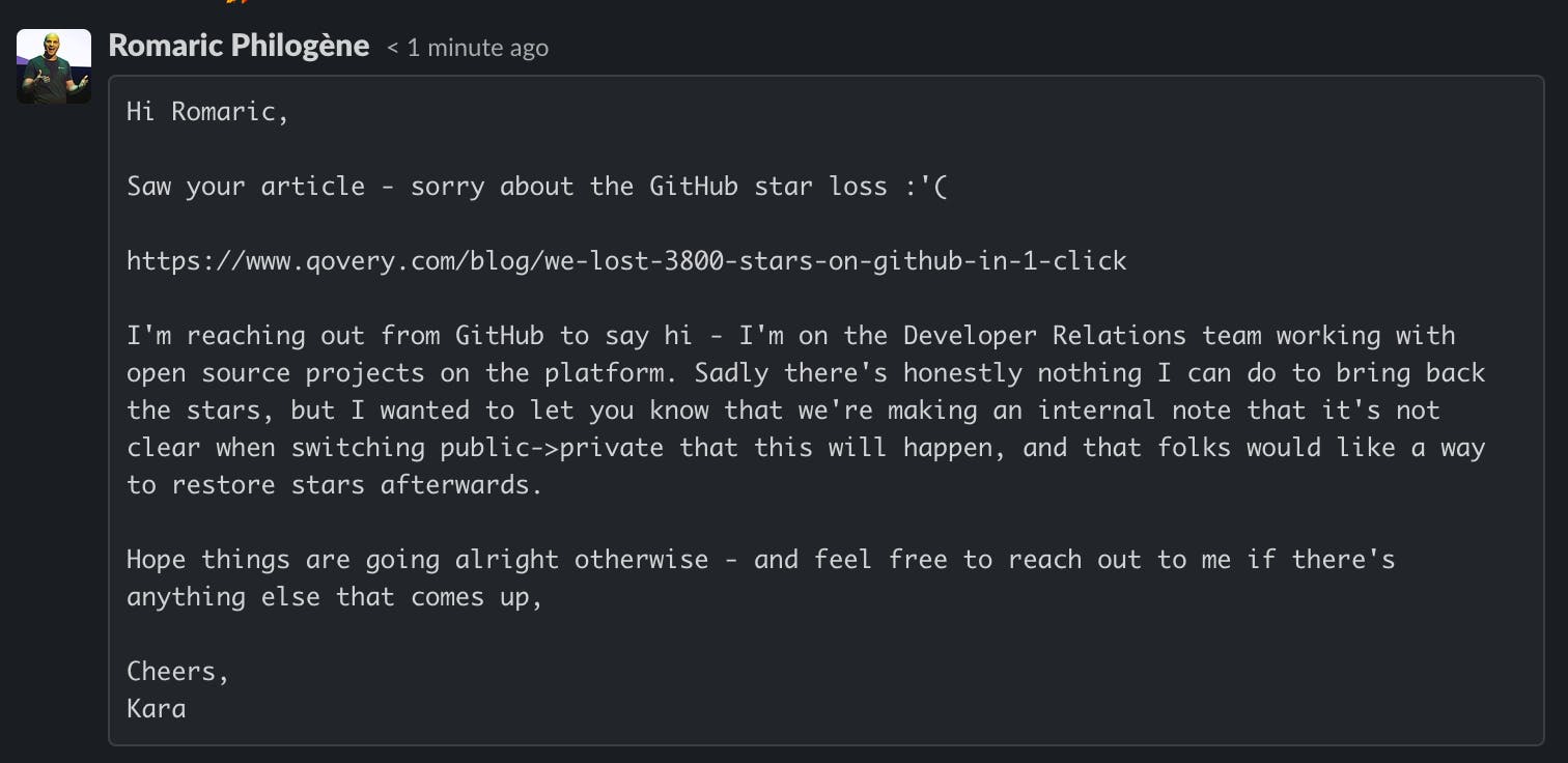 Message received by Kara - DevRel @ GitHub (Thank you Kara for your support)