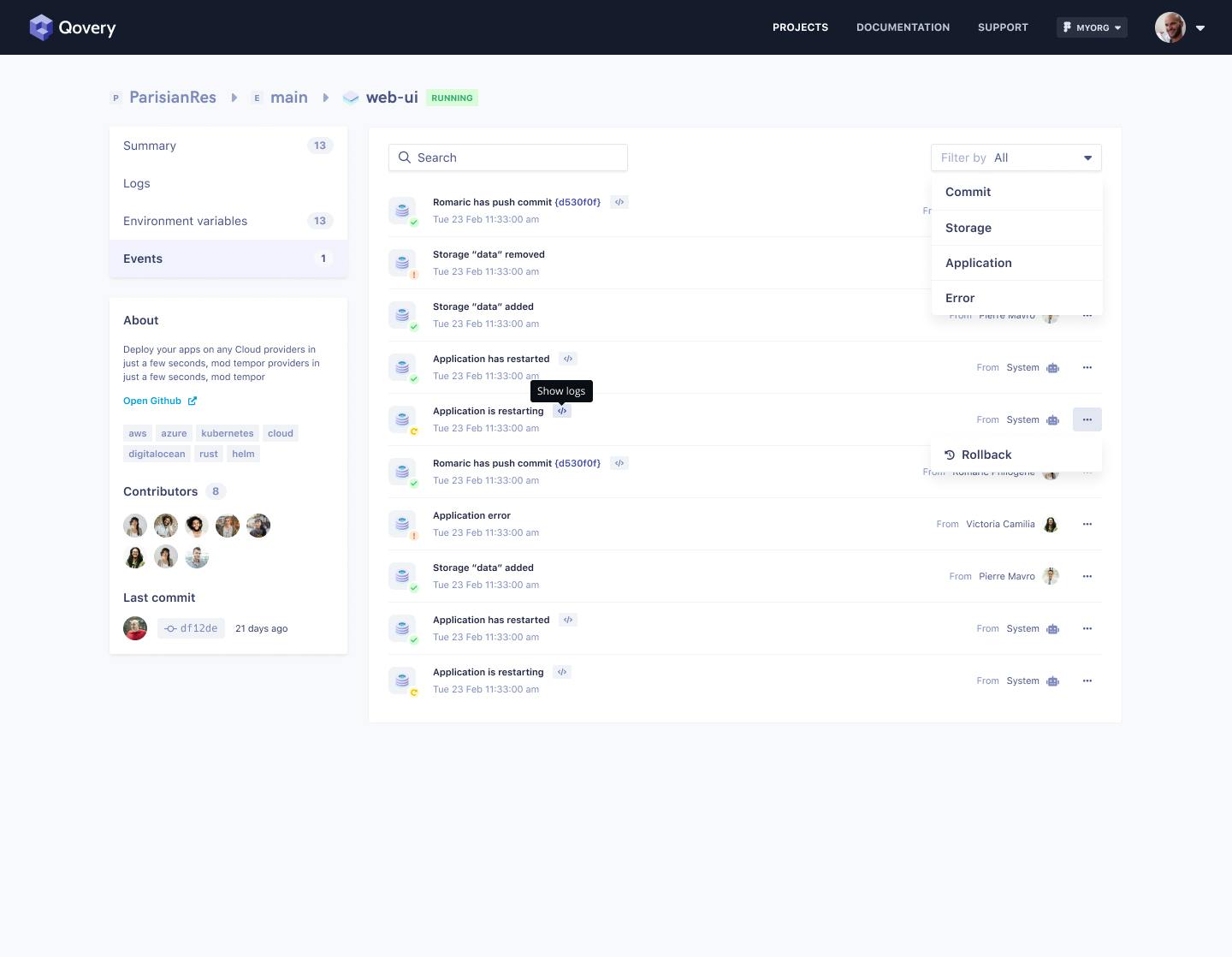 You can quickly show your app events - Qovery