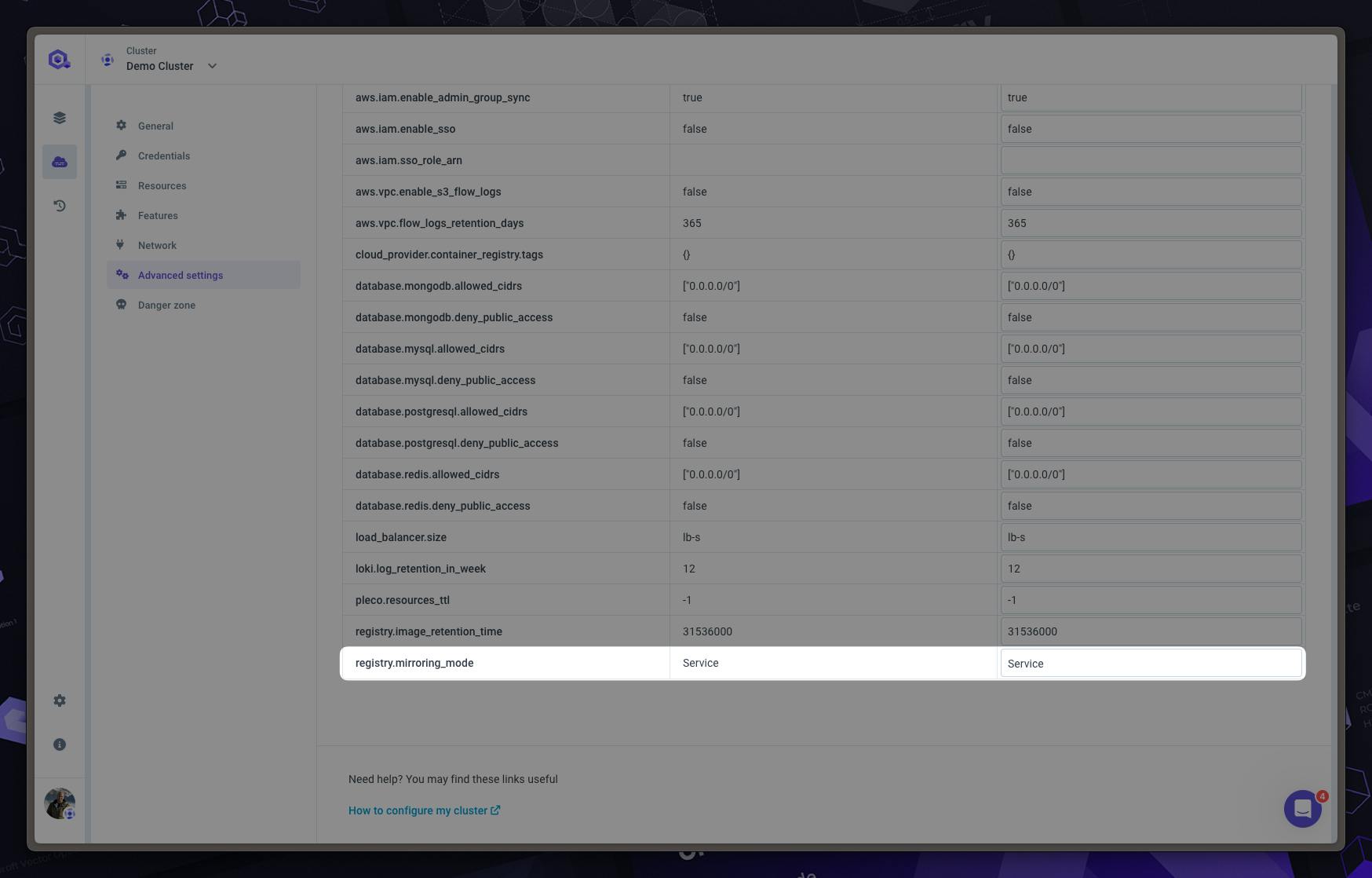 Change mirroring mode from Cluster Advanced Settings