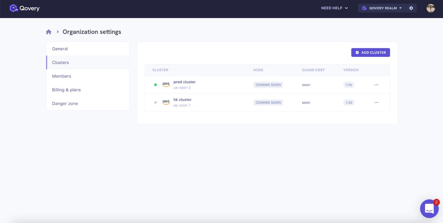 Cluster tab for multi cluster management 