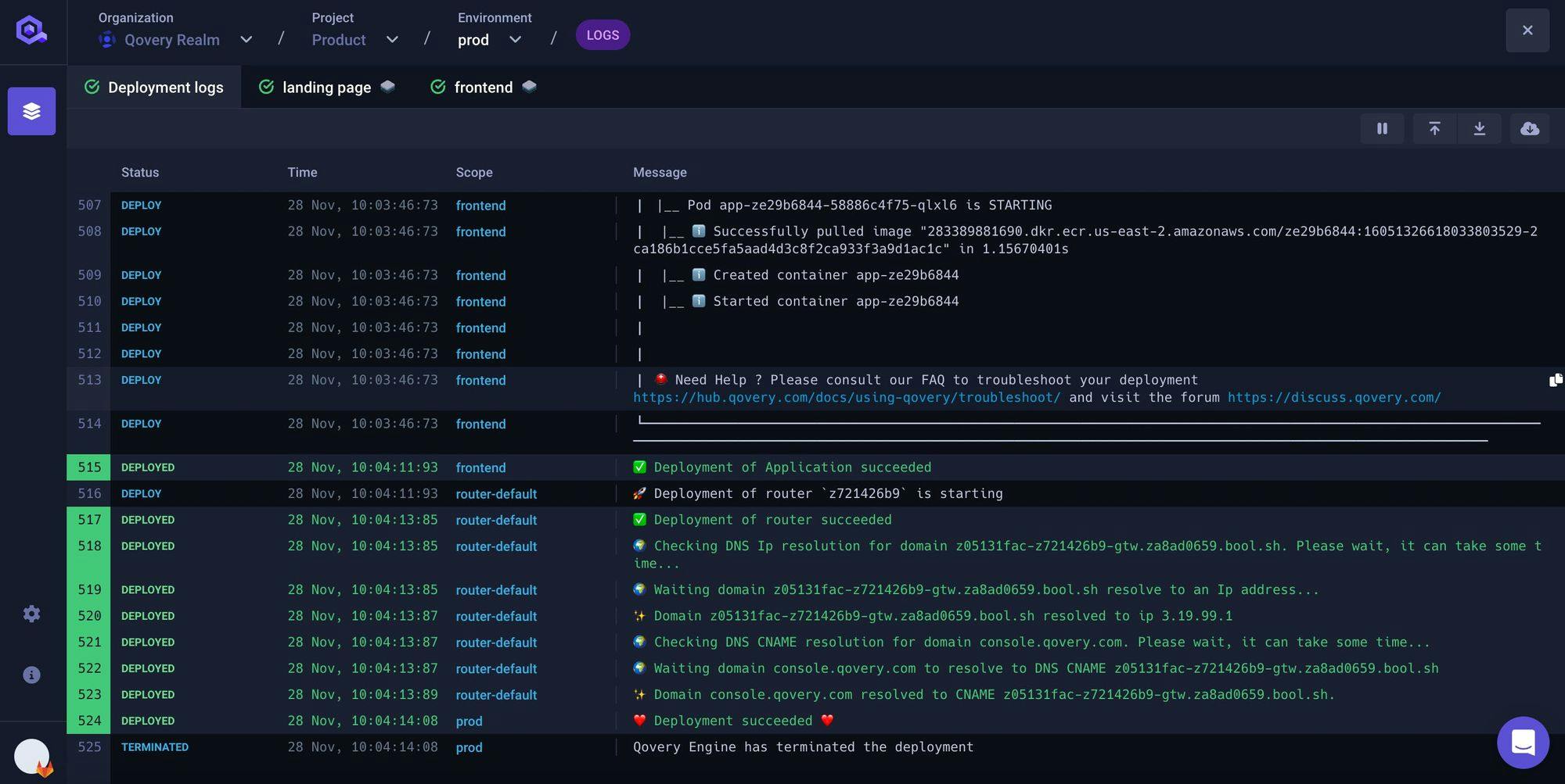 Deployment Logs Page 