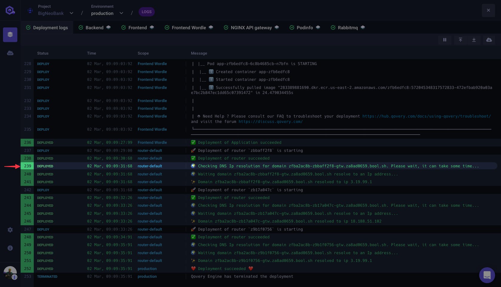 Deployment logs view from the Qovery Web Console