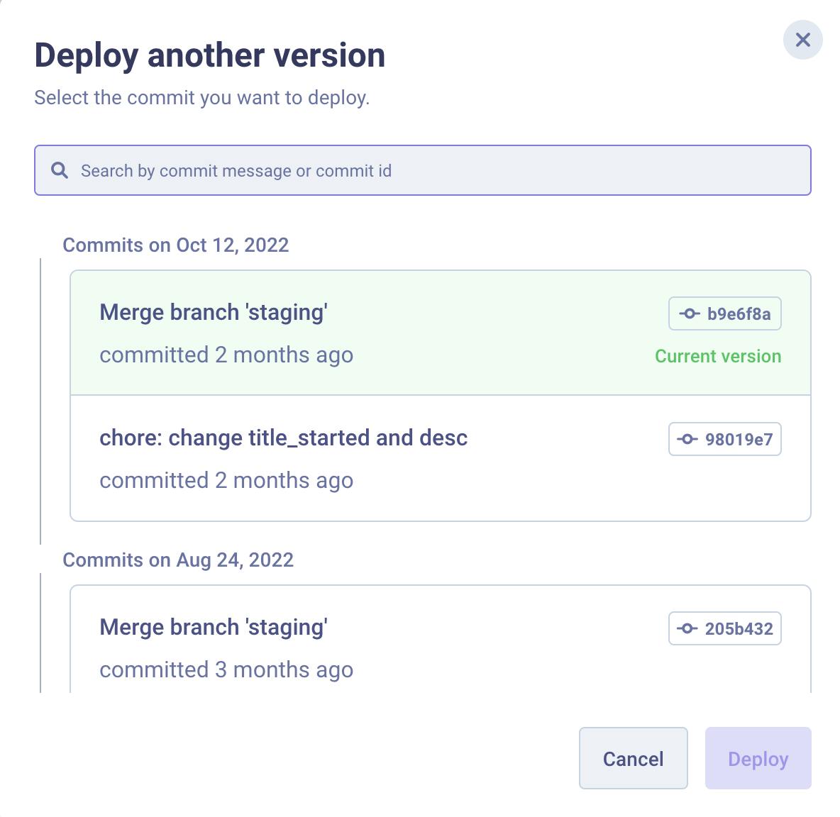 Deploy Other Version Panel 