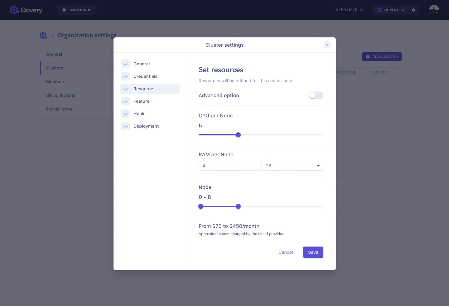 Configure the resources of your cluster and set your AWS credentials