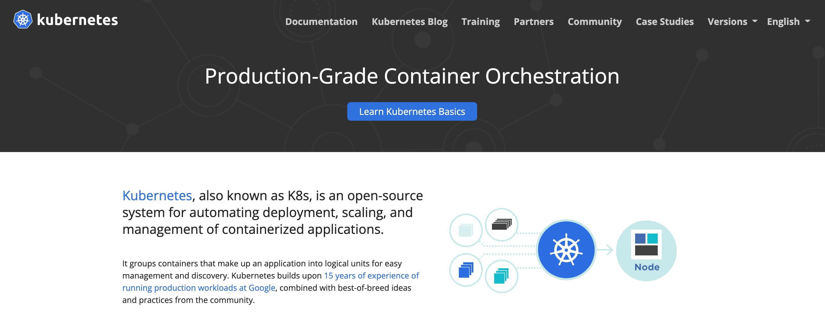 Screenshot from Kubernetes website - "Production-Grade Container Orchestration"