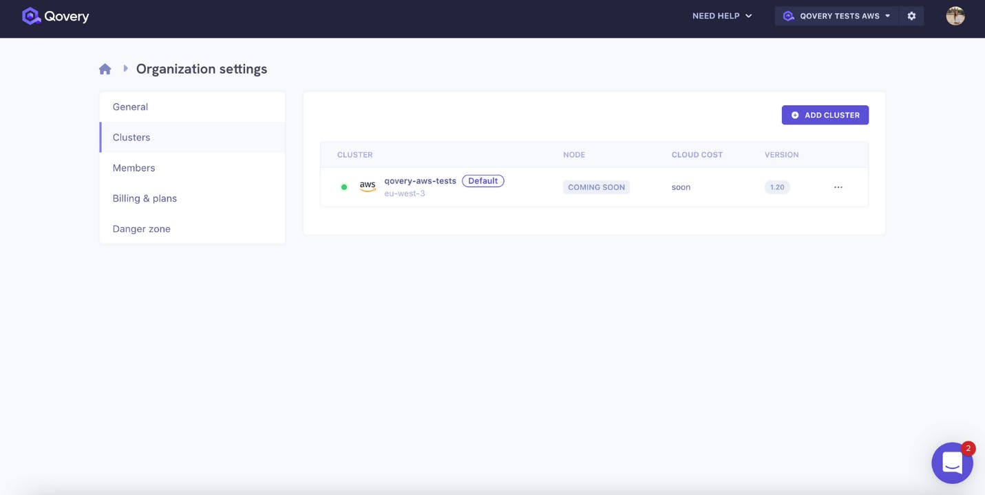 Default cluster shown in the Qovery console 