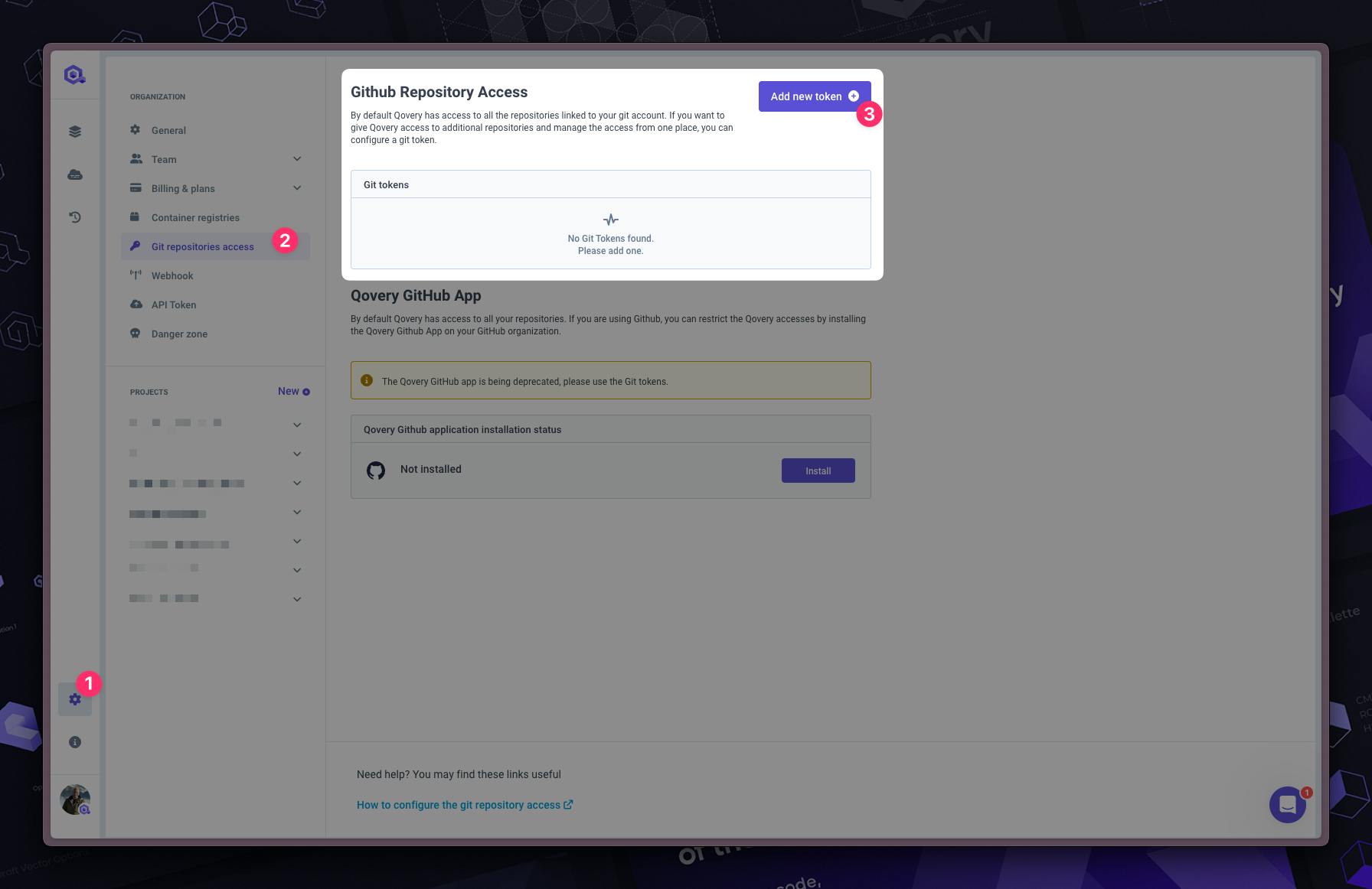 The Git token management view is at the organizational level.