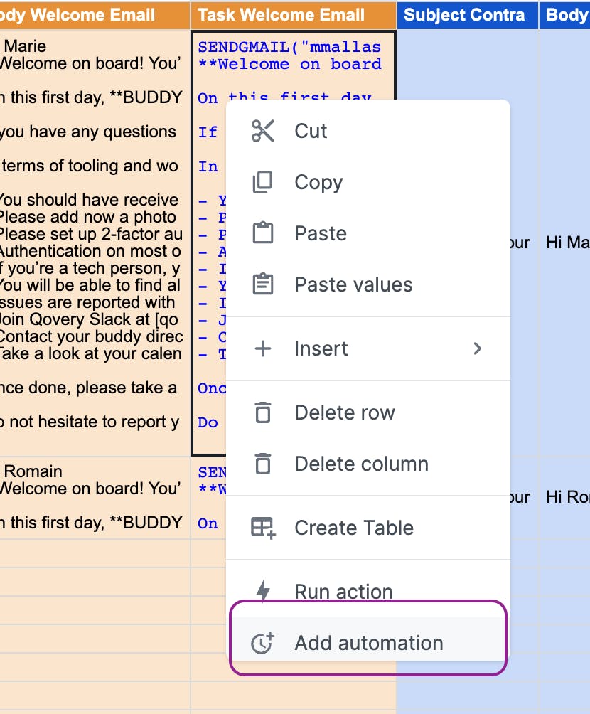 Google sheet: How to schedule your activities by choosing  “add automation” in the drop-down menu.