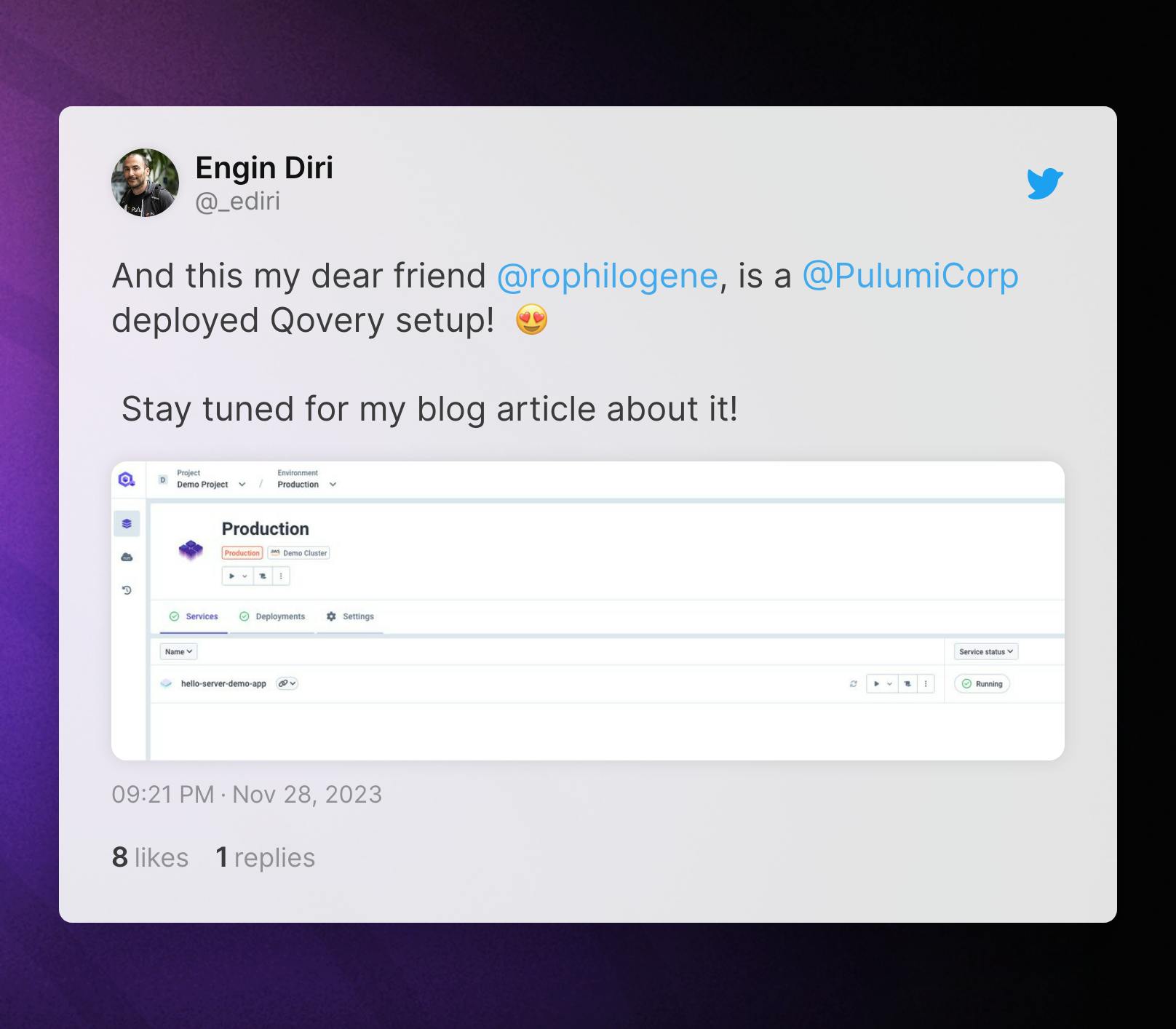 Engin Diri tweet about the Qovery Pulumi provider ❤️