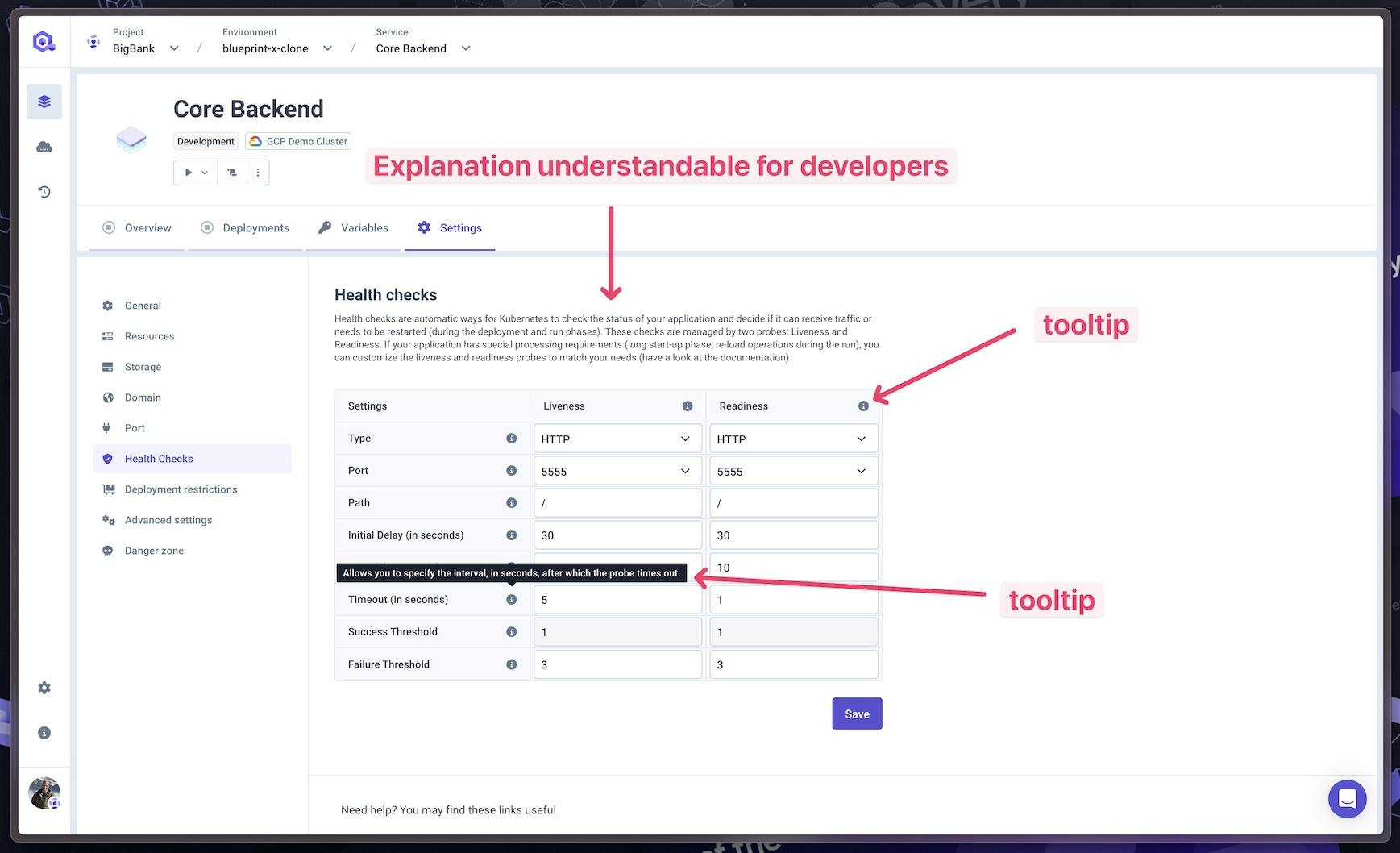 Here is an example of sharing information to the developer in an understandable way - Qovery