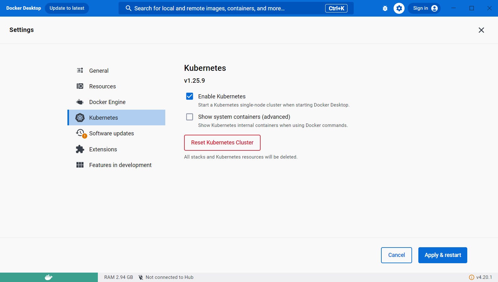 Docker Desktop settings window with Kubernetes enabled