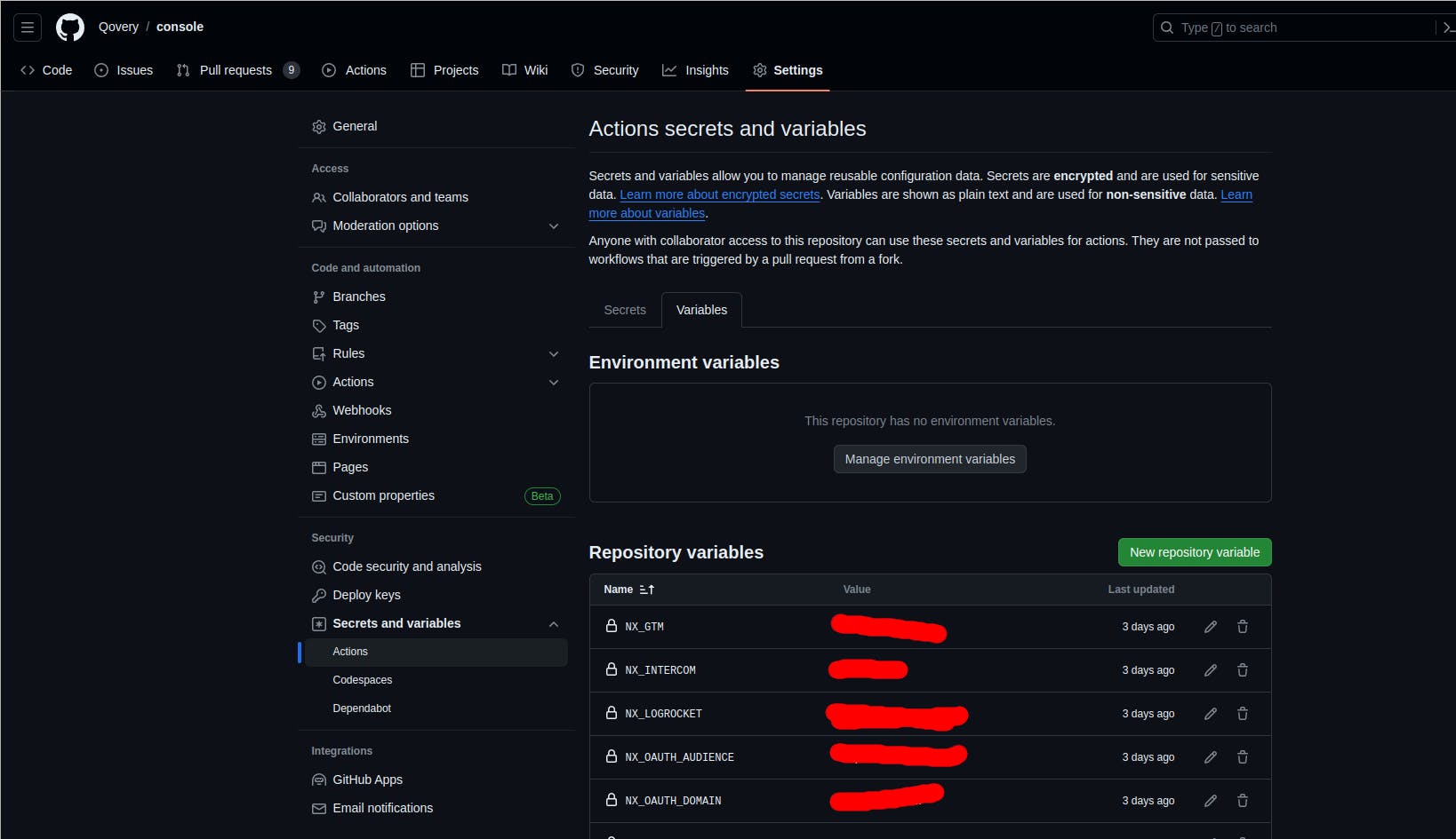 Secrets and Variables screen from GitHub