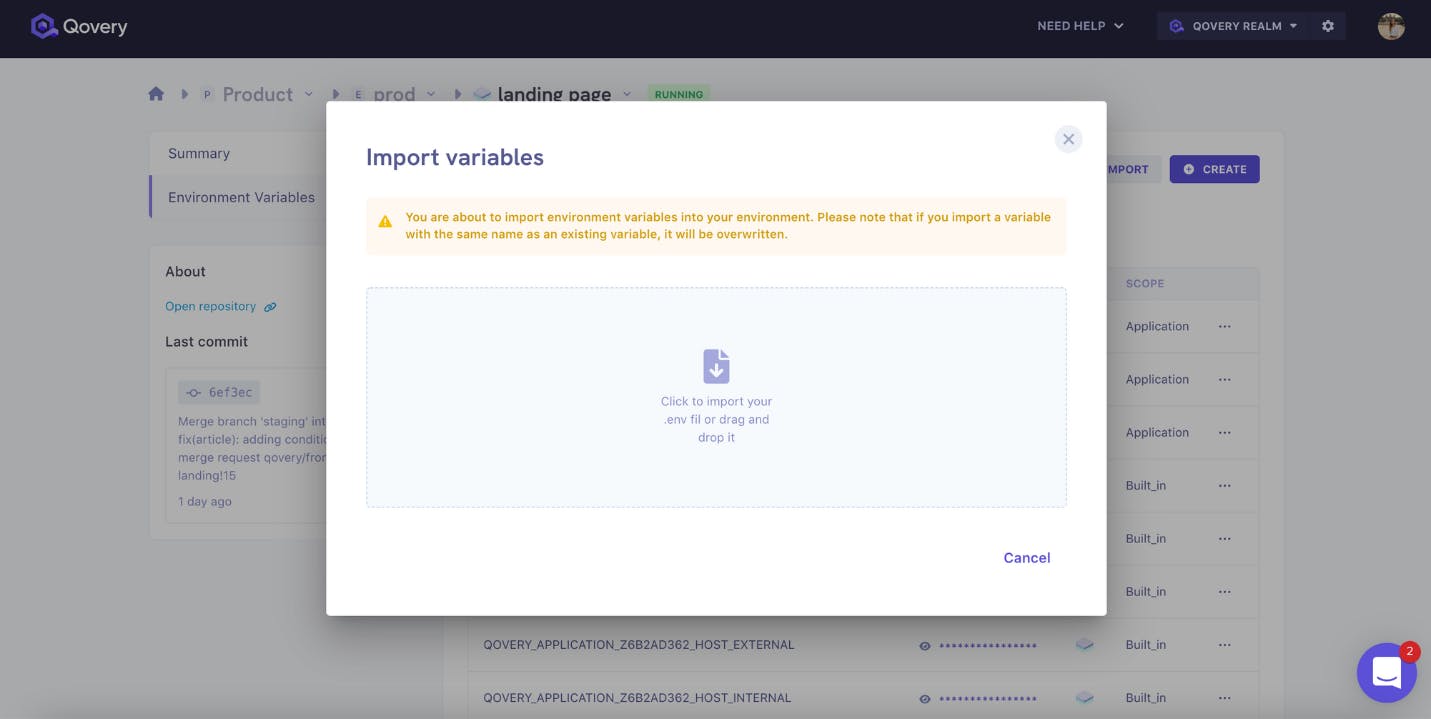 Import environment variable and secrets page 