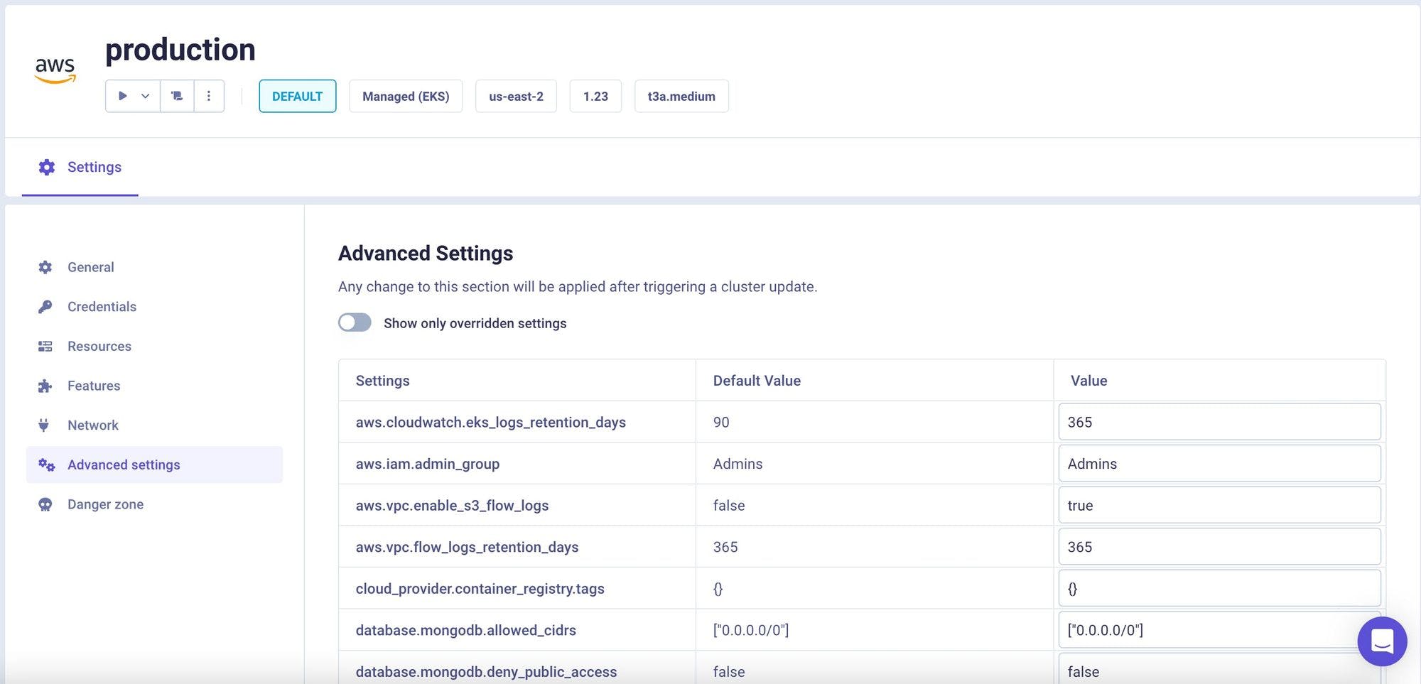 Cluster Advanced Settings 