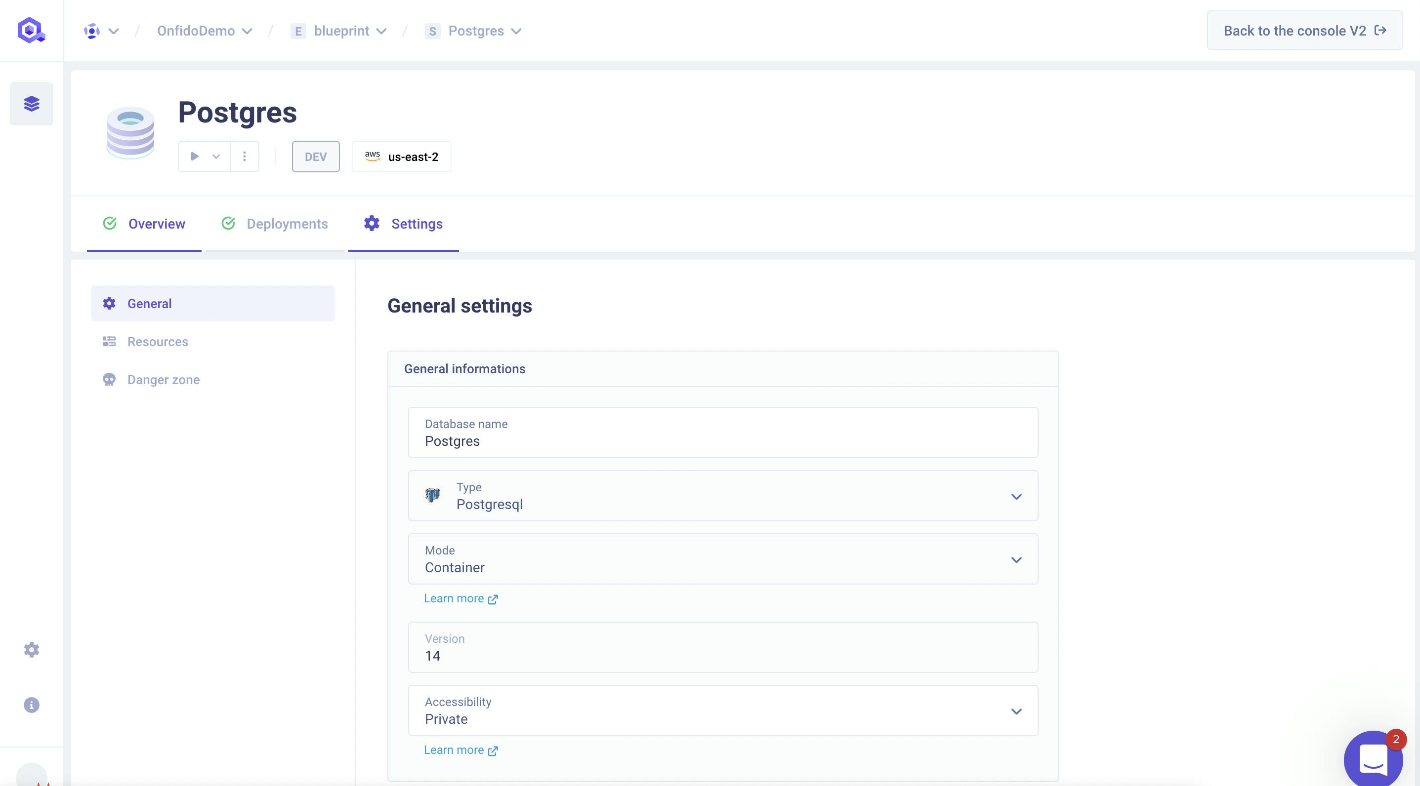 Database Settings Panel in the V3