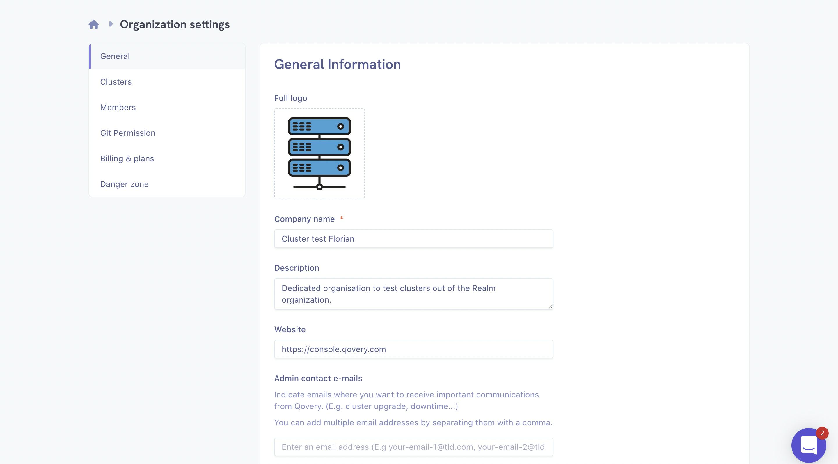 Organization settings in the console 