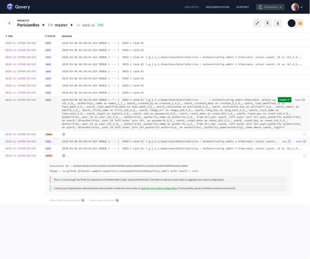 Light Qovery logs interface