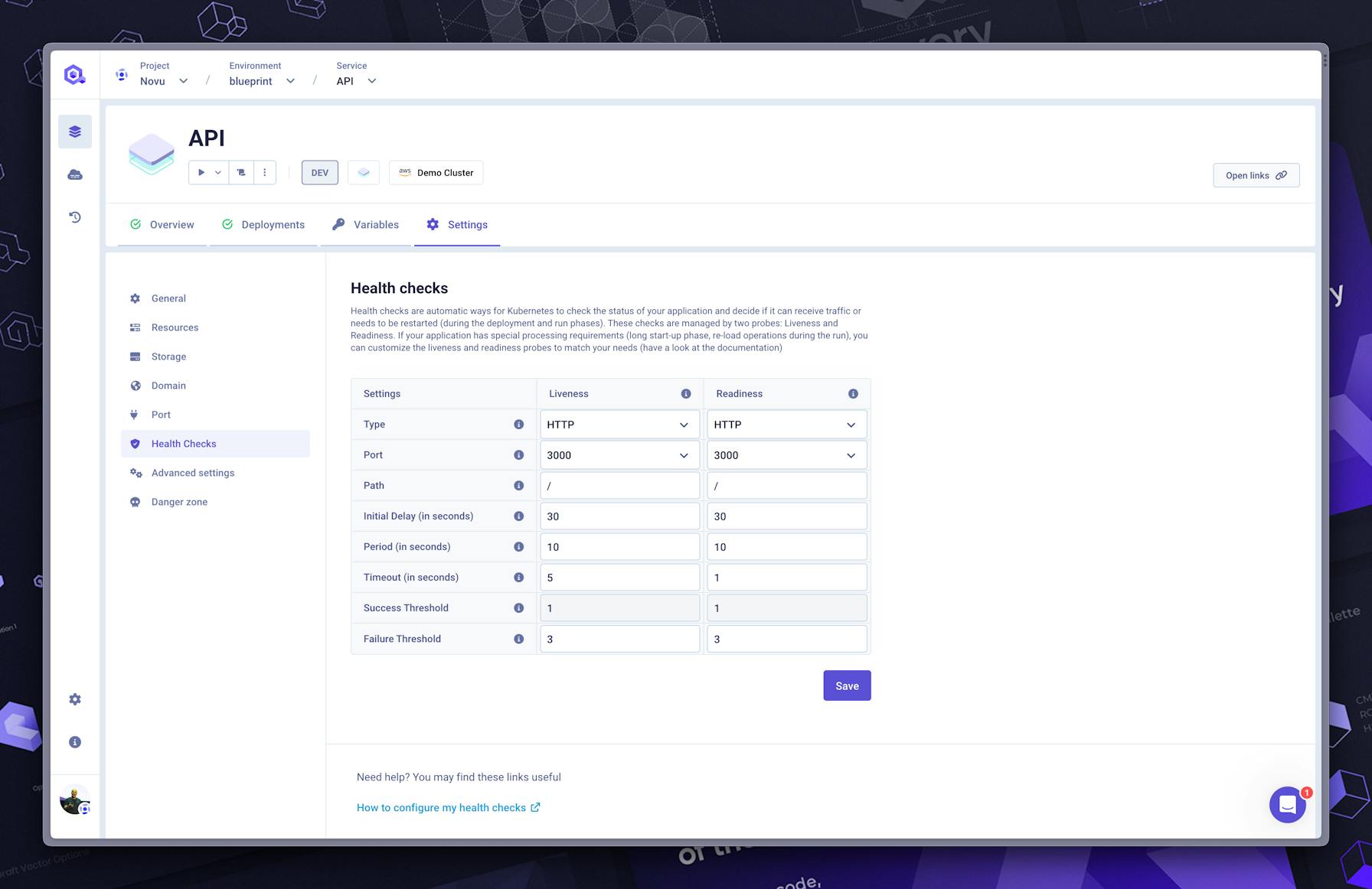 Service Health Check configuration