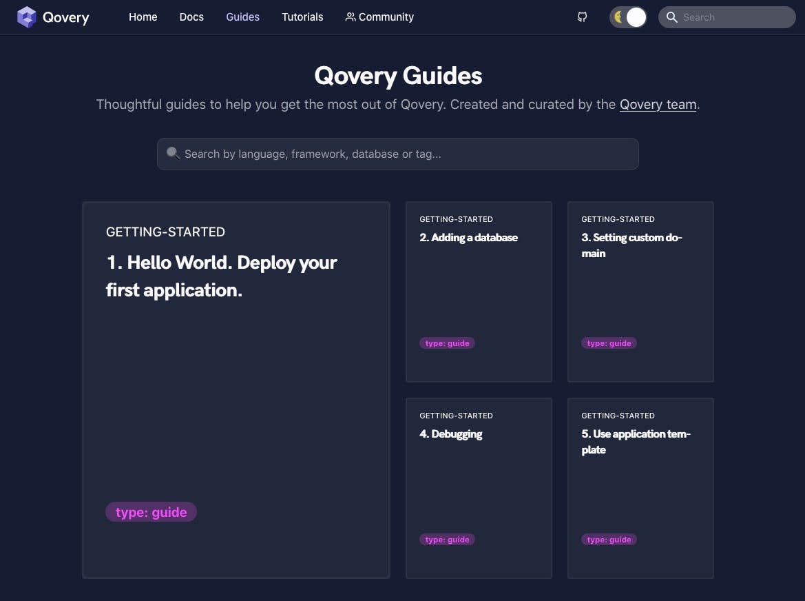 Guide section of Qovery