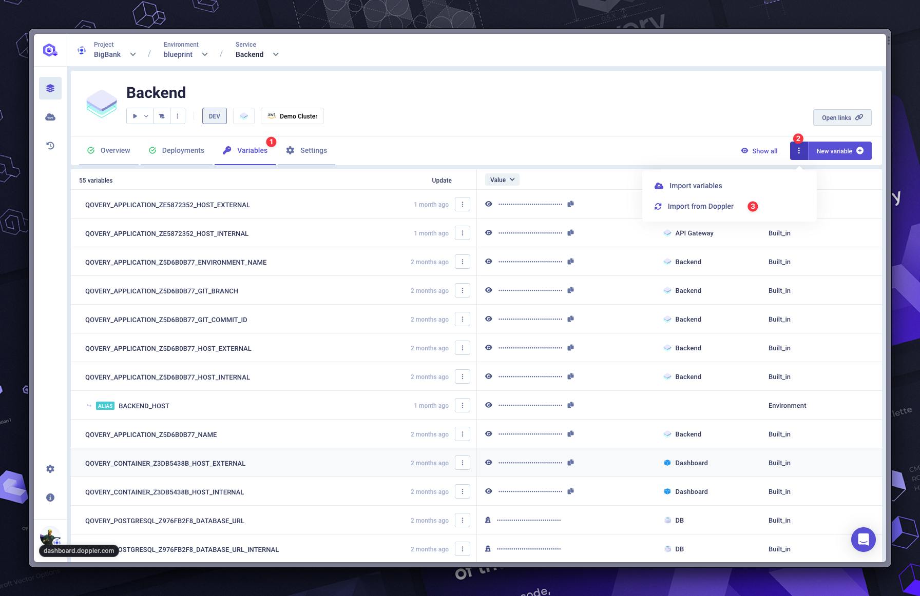 Import your Doppler secrets in one click from the Variables tab