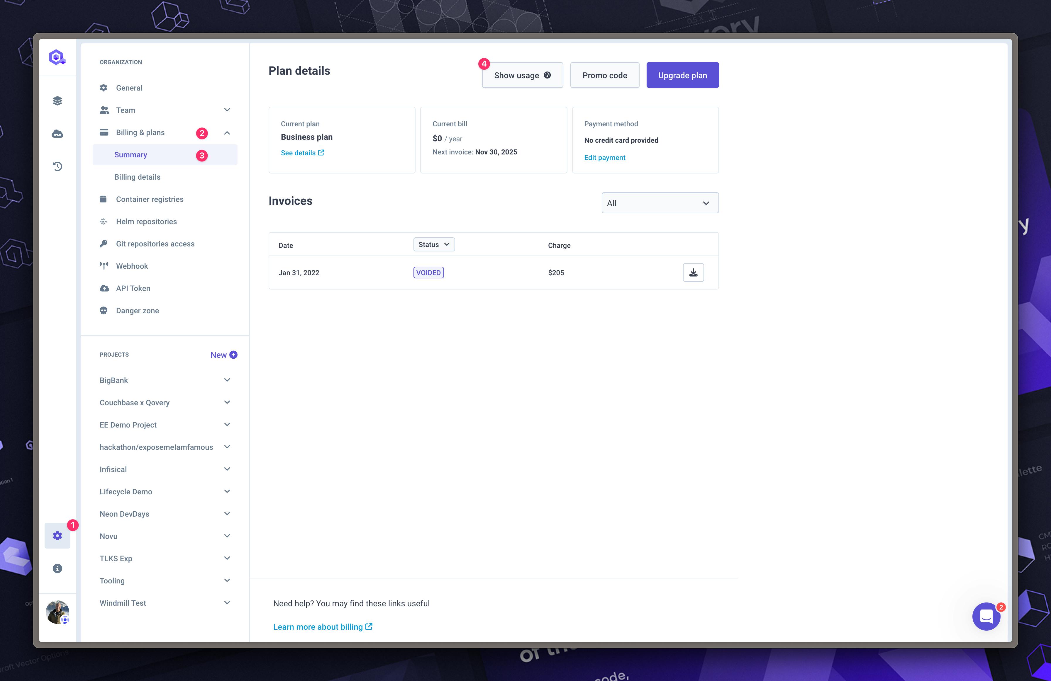 Getting access to the Qovery usage billing dashboard from Qovery web console