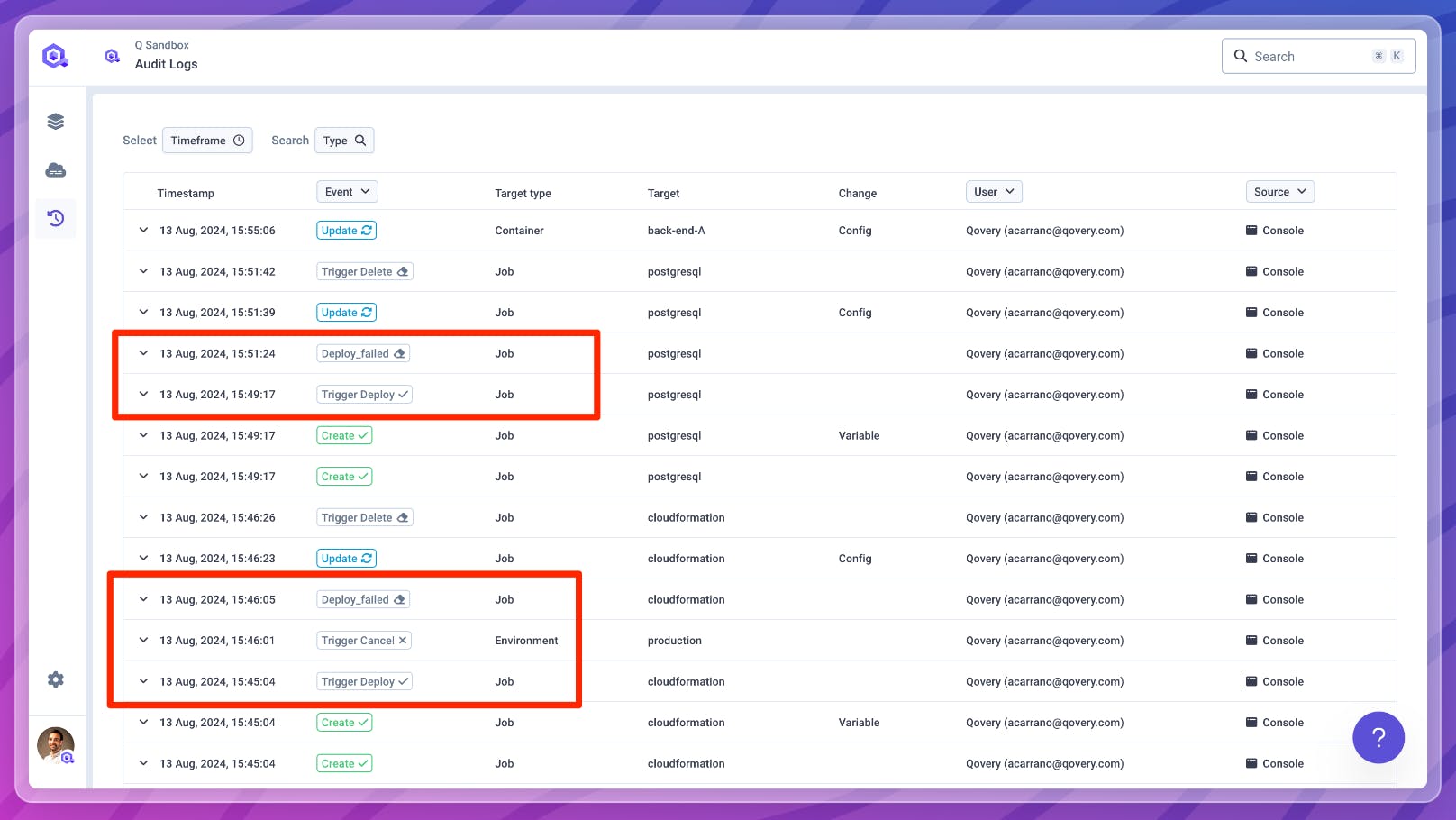 Deployment events in audit logs