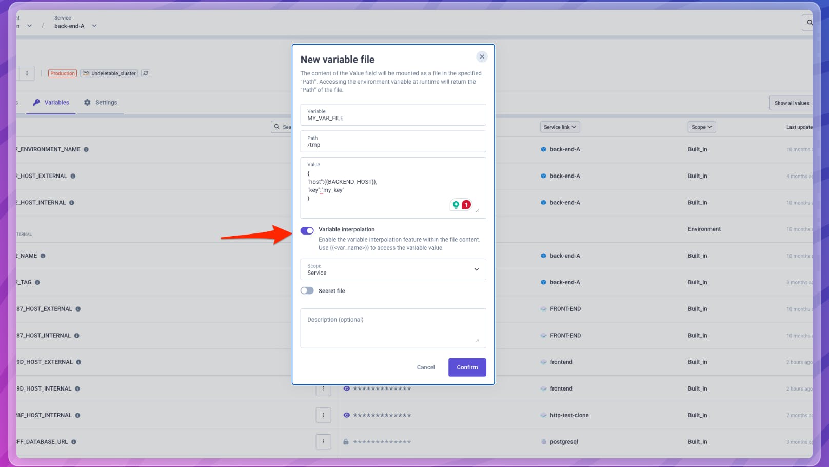 Allow interpolation on environment variable as file