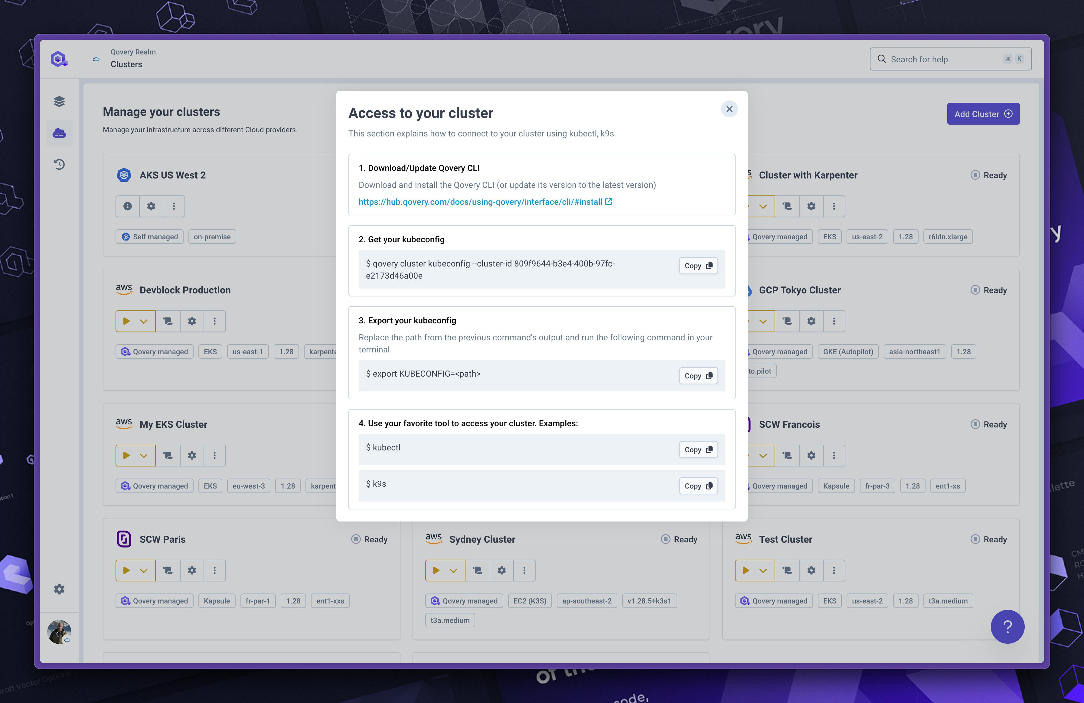 You can simply copy/paste the commands on your local machine to get access to your cluster