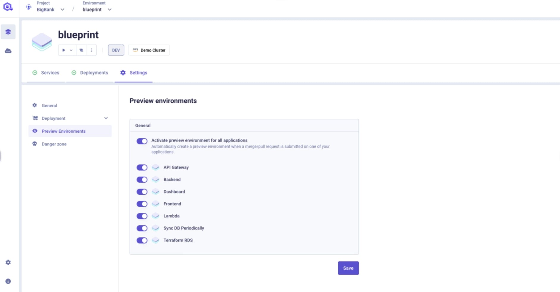 Preview Environments on the Qovery Console 