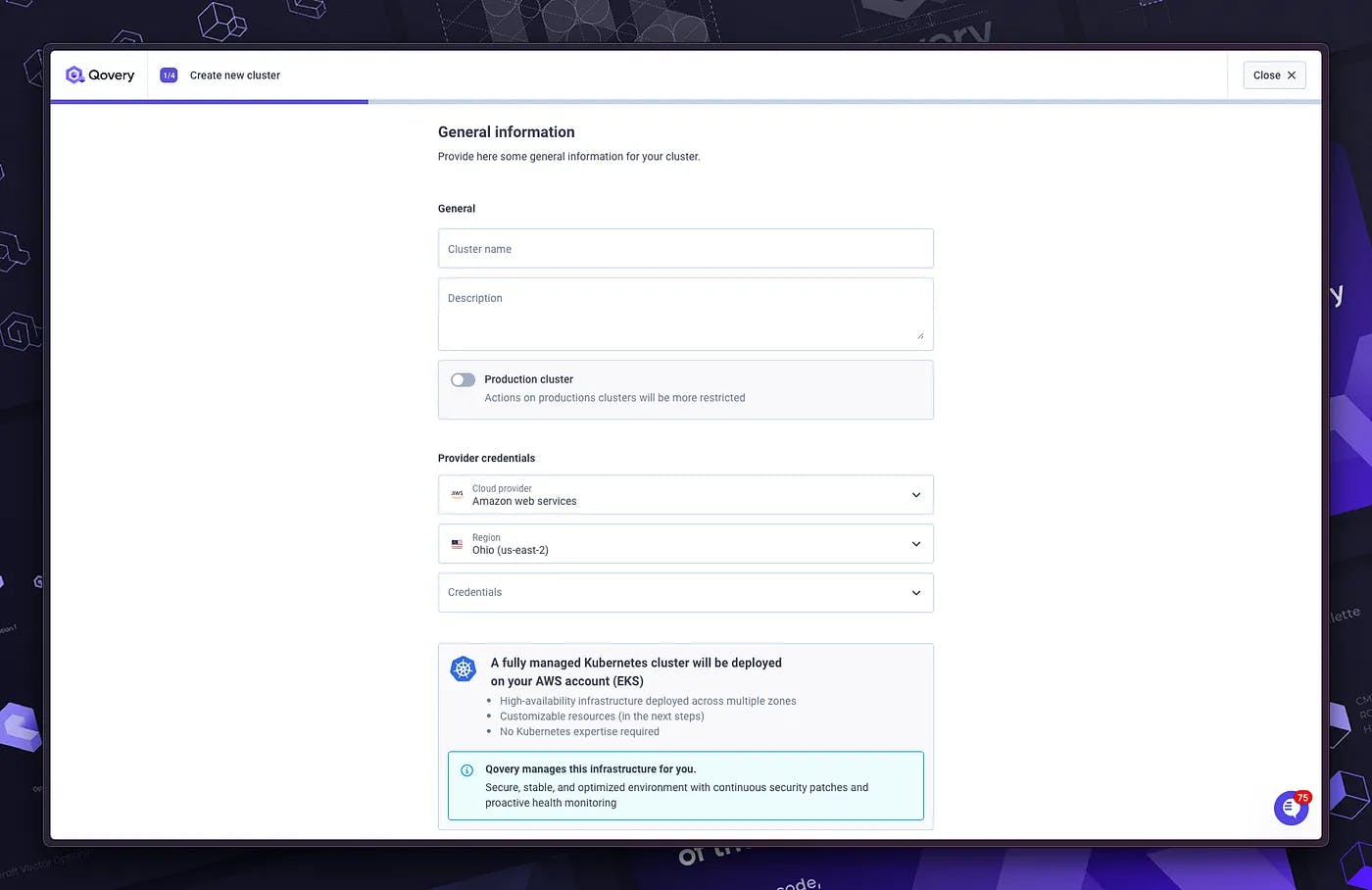 AWS Region + Credentials page on Qovery