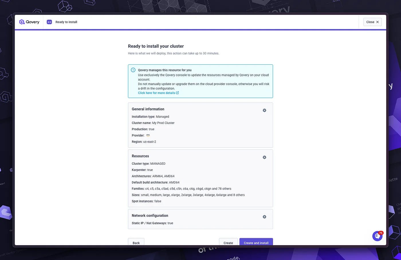 Summary page before EKS deployment on Qovery
