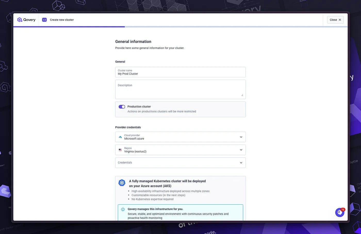 Give a name to your cluster and select the region on Qovery