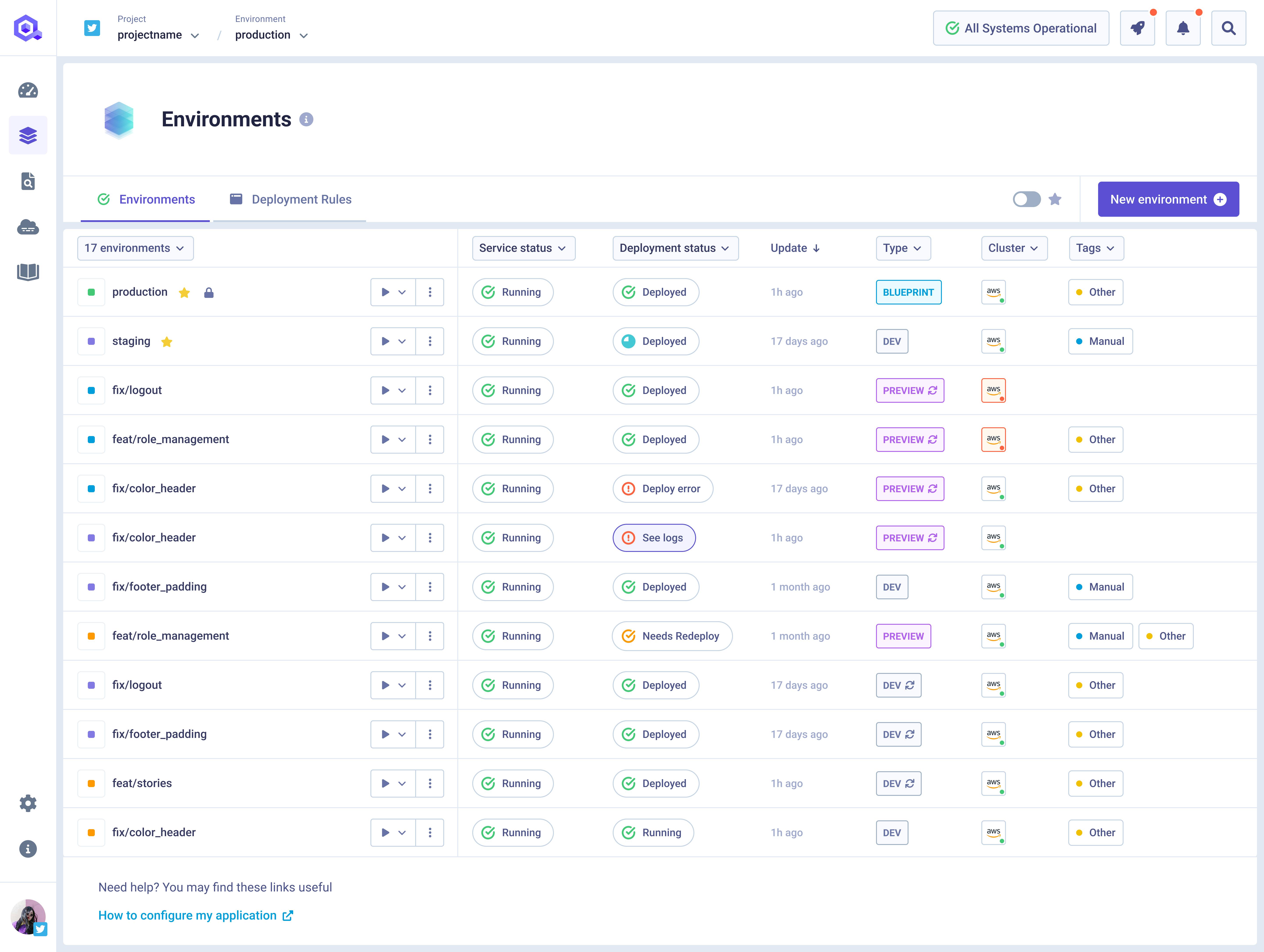 The platform features a self-service model that lets teams create environments, update applications, and deploy to production without needing infrastructure expertise.