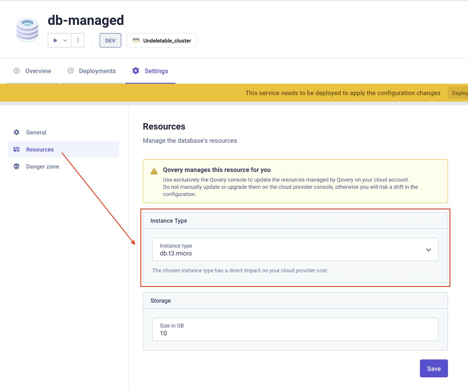 Instance types in the Qovery console