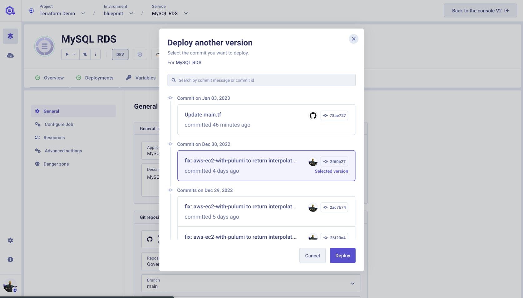 You can select the commit you want to deploy