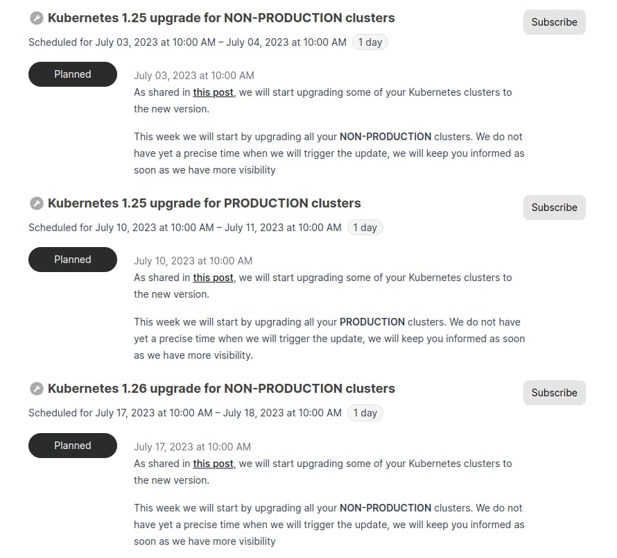 Schedule of our next Kubernetes cluster upgrades on our Status Page (status.qovery.com)